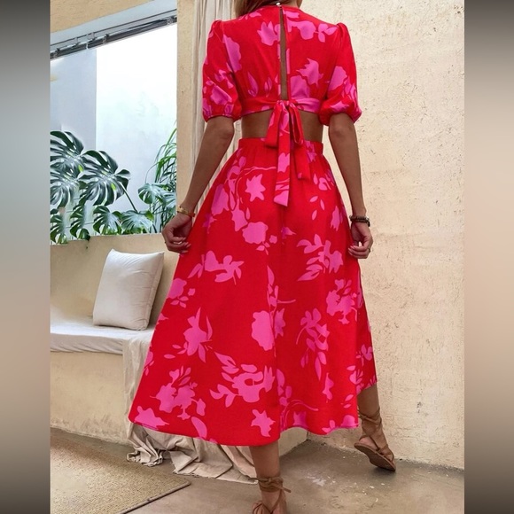 Boho red pink floral print cutout maxi dress - Picture 2 of 6